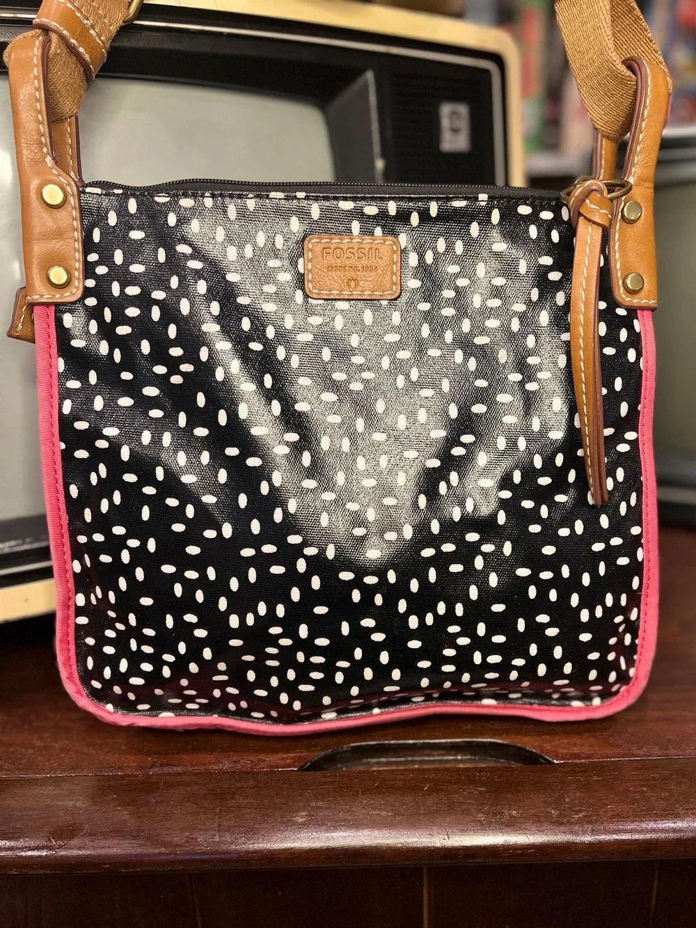 Fossil Black White Polka Dot Coated Canvas Crossbody Shoulder Bag